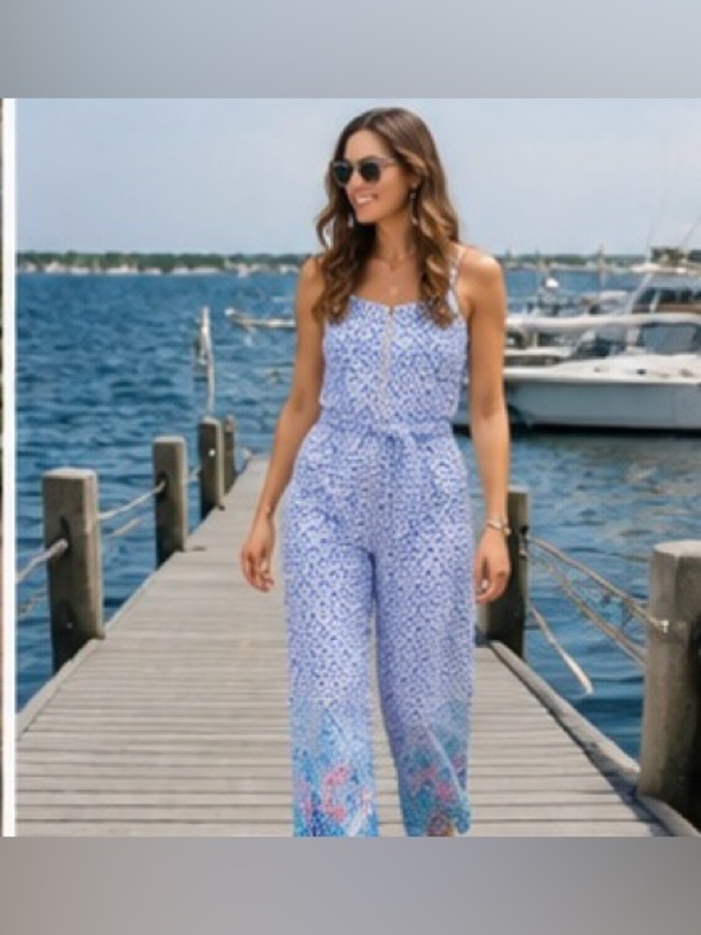 BNWOT adj straps Lilly Pulitzer Sandra Blue & Aqua Printed Sleeveless Jumpsuit